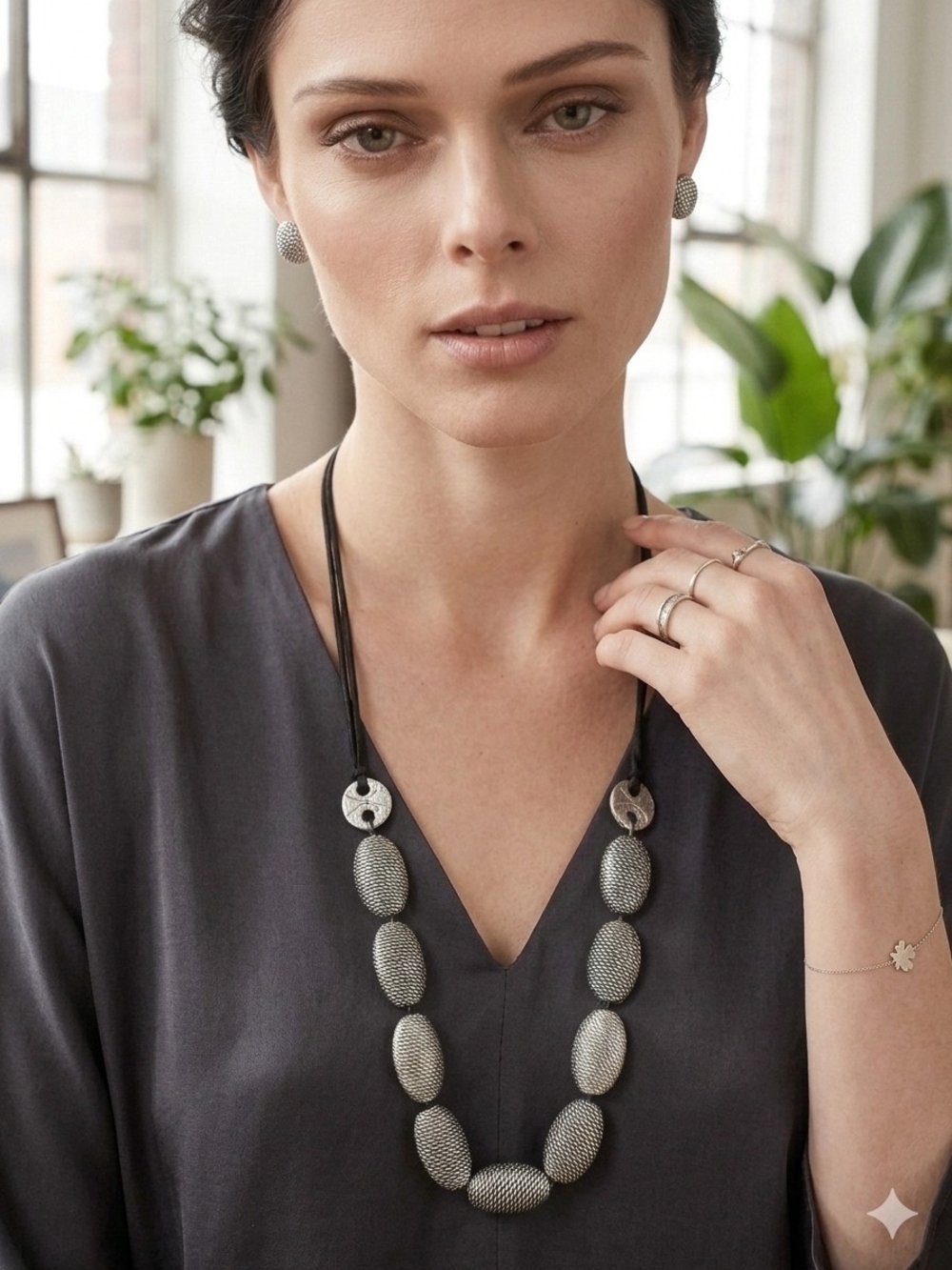 Silver Beaded Oval Necklace - Women's Jewelry